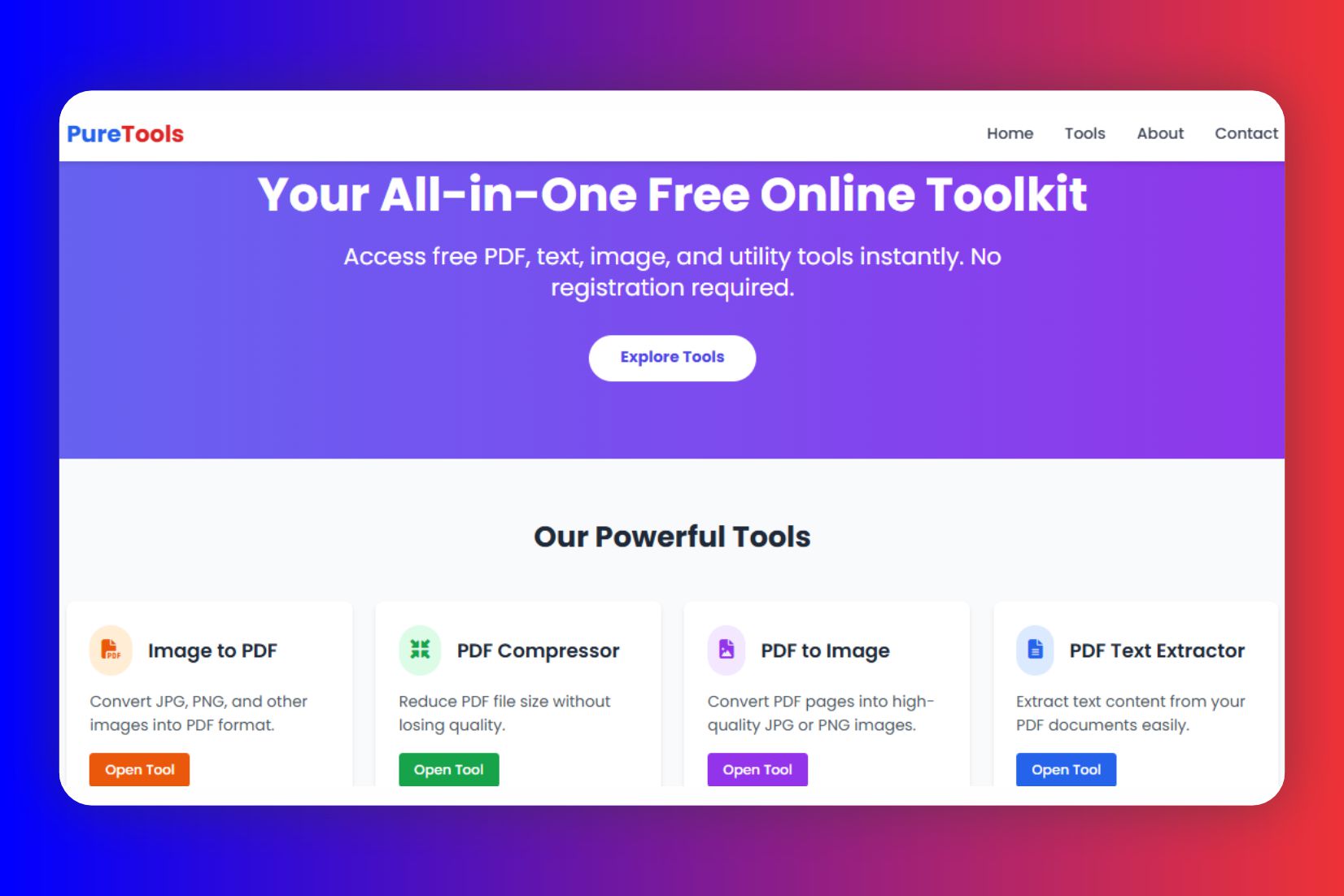 Pure Tools Website Design - Online Utility Tools